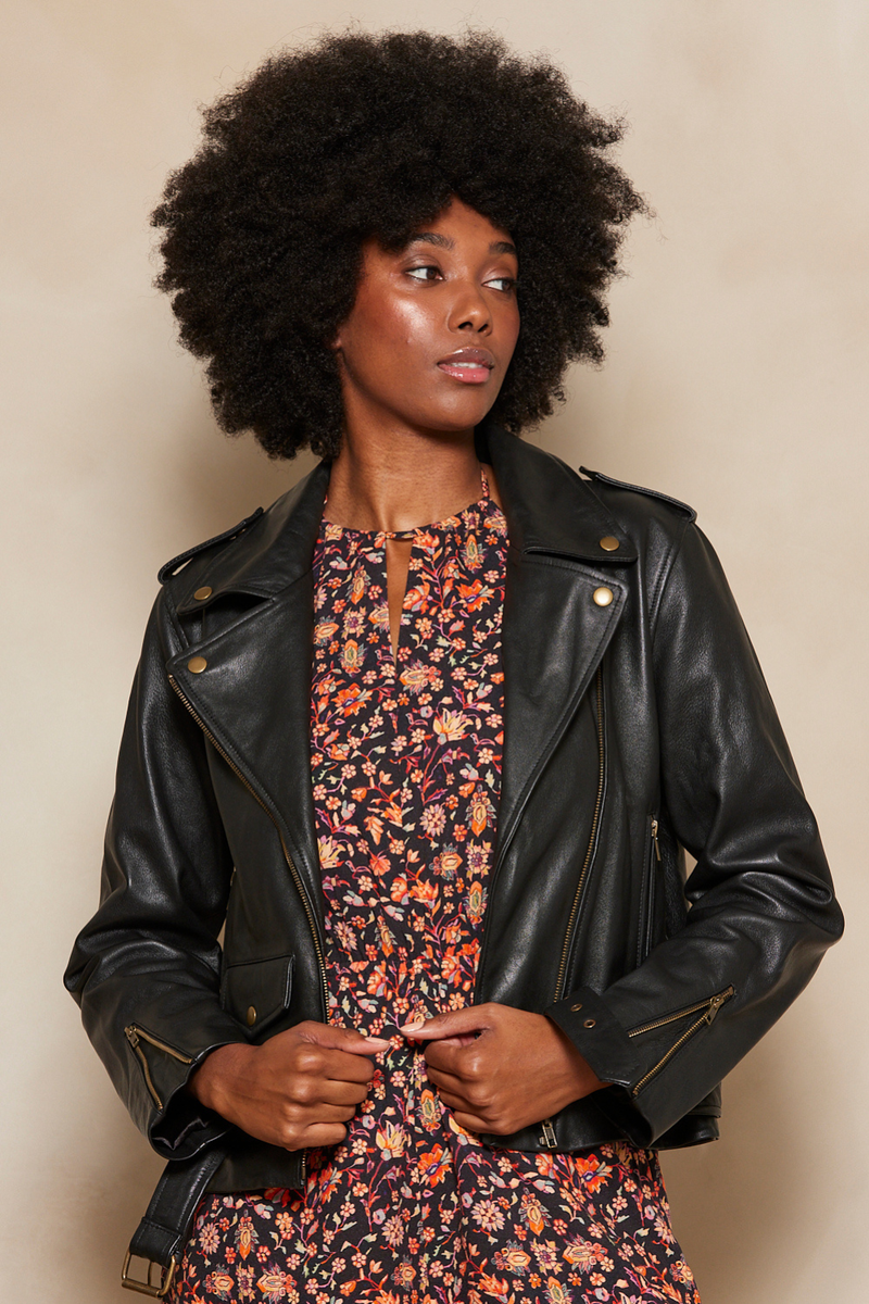 Black floral leather outlet jacket